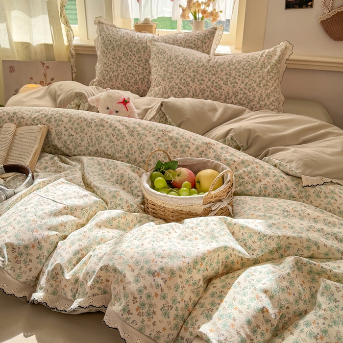 91家纺网 家纺一手货源 找家纺 富米莱（原臻工厂） 2026新款A类仿棉古法水洗棉法式全棉花边四件套 春野