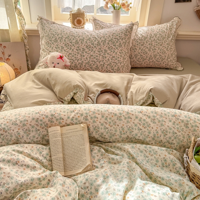 91家纺网 家纺一手货源 找家纺 富米莱（原臻工厂） 2026新款A类仿棉古法水洗棉法式全棉花边四件套 春野