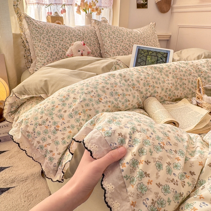 91家纺网 家纺一手货源 找家纺 富米莱（原臻工厂） 2026新款A类仿棉古法水洗棉法式全棉花边四件套 春野