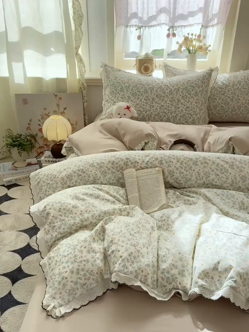 91家纺网 家纺一手货源 找家纺 富米莱（原臻工厂） 2026新款A类仿棉古法水洗棉法式全棉花边四件套 春野