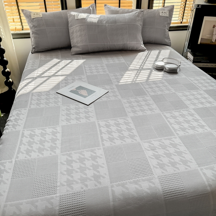 91家纺网 家纺一手货源 找家纺 眠博士 2026新款全棉纯棉华夫格麦穗 床单单件床单单品单床单 床单-方格灰