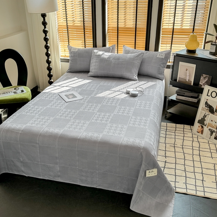 91家纺网 家纺一手货源 找家纺 眠博士 2026新款全棉纯棉华夫格麦穗 床单单件床单单品单床单 床单-方格灰