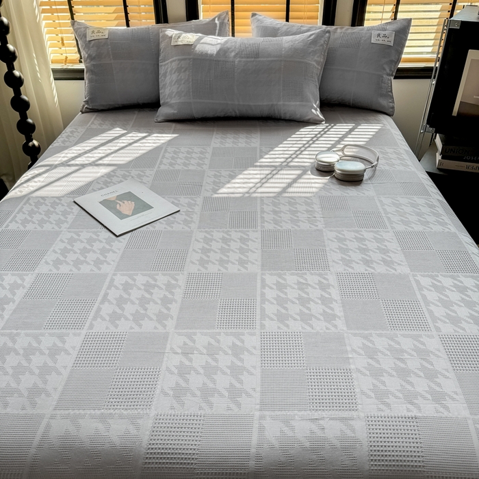 91家纺网 家纺一手货源 找家纺 眠博士 2026新款全棉纯棉华夫格麦穗 床单单件床单单品单床单 床单-方格灰