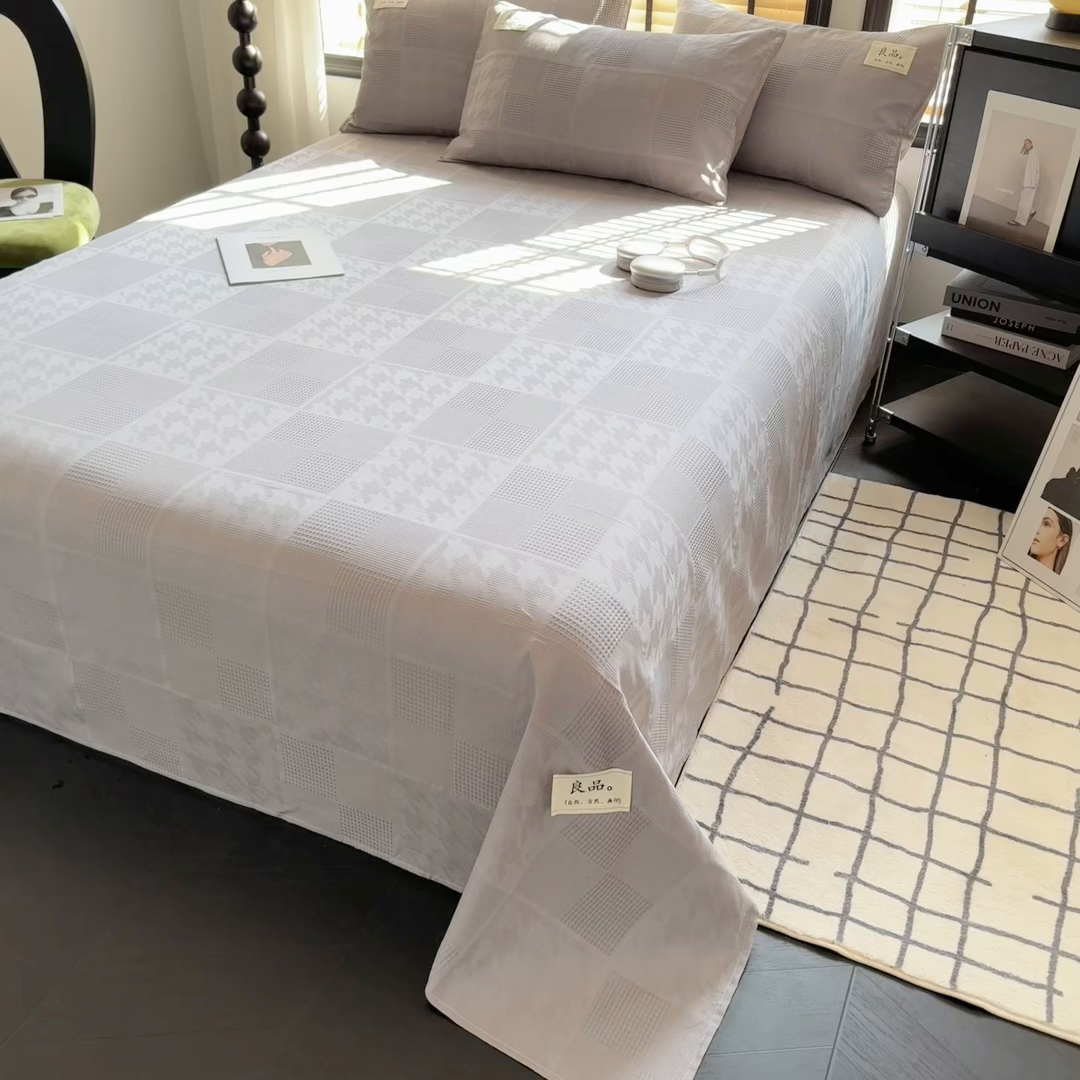 91家纺网 家纺一手货源 找家纺 眠博士 2026新款全棉纯棉华夫格麦穗 床单单件床单单品单床单 床单-方格灰