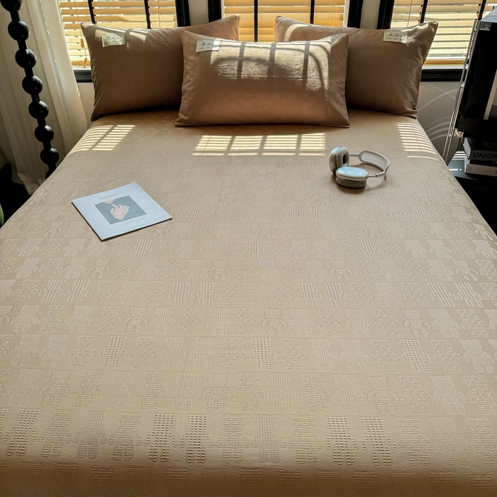 91家纺网 家纺一手货源 找家纺 眠博士 2026新款全棉纯棉华夫格麦穗 床单单件床单单品单床单 床单-小熊咖