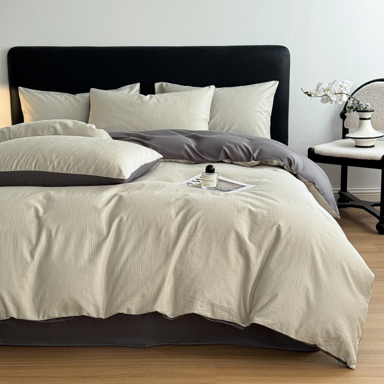 91家纺网 家纺一手货源 找家纺 简宜家居（朝初家纺） 2026新款60立体提花全棉四件套 灰绿肌理