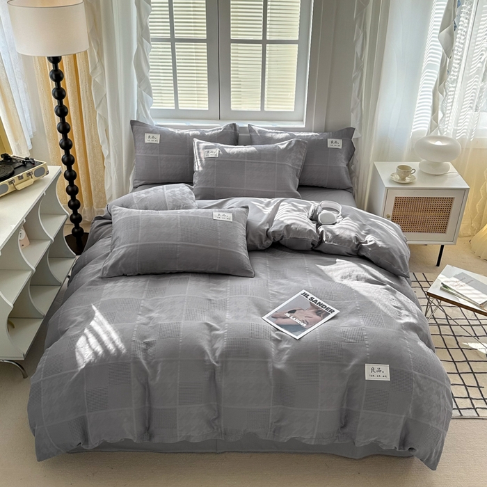 91家纺网 家纺一手货源 找家纺 眠博士 2026新款全棉纯棉华夫格麦穗系列四件套 华夫格-方格灰