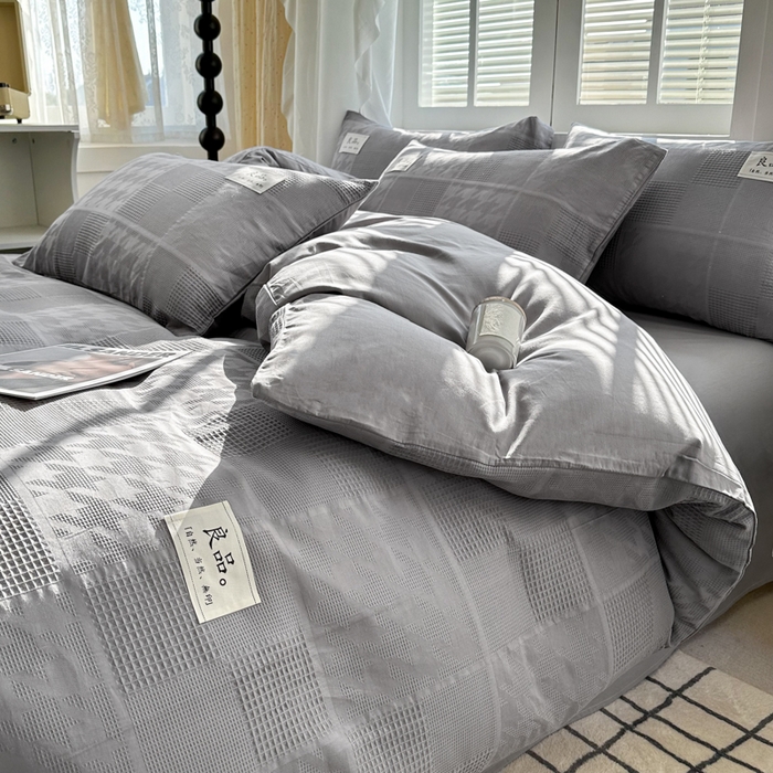 91家纺网 家纺一手货源 找家纺 眠博士 2026新款全棉纯棉华夫格麦穗系列四件套 华夫格-方格灰
