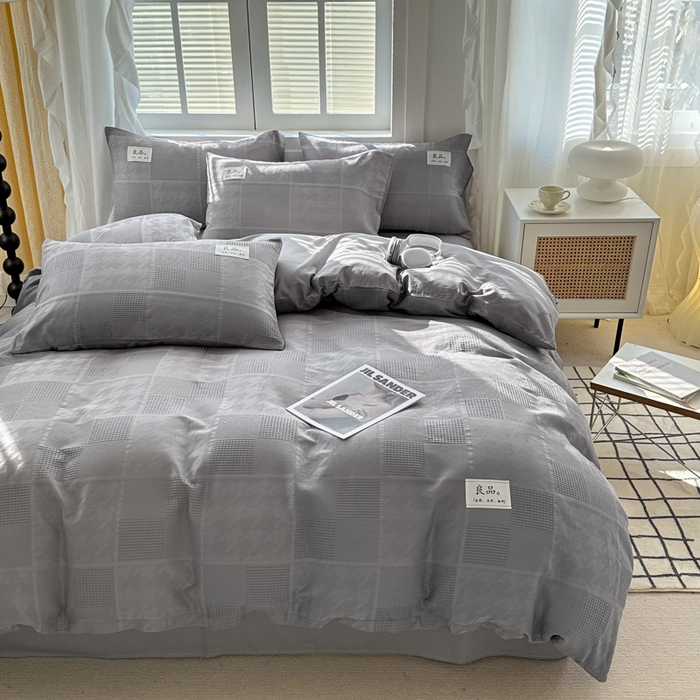 91家纺网 家纺一手货源 找家纺 眠博士 2026新款全棉纯棉华夫格麦穗系列四件套 华夫格-方格灰