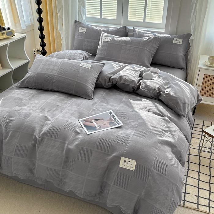 91家纺网 家纺一手货源 找家纺 眠博士 2026新款全棉纯棉华夫格麦穗系列四件套 华夫格-方格灰