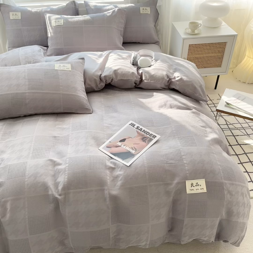91家纺网 家纺一手货源 找家纺 眠博士 2026新款全棉纯棉华夫格麦穗系列四件套 华夫格-方格灰