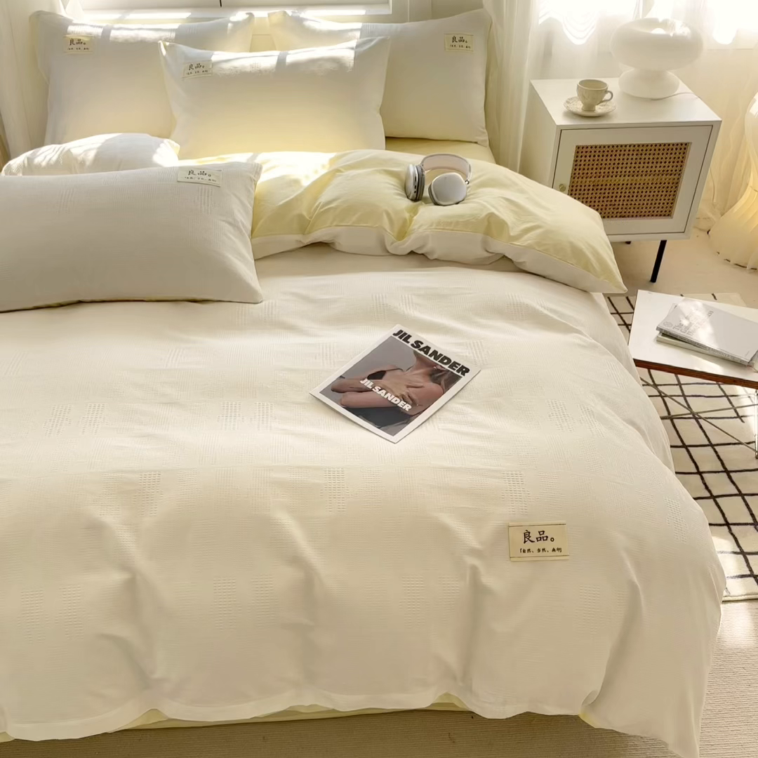 91家纺网 家纺一手货源 找家纺 眠博士 2026新款全棉纯棉华夫格麦穗系列四件套 华夫格-小熊白