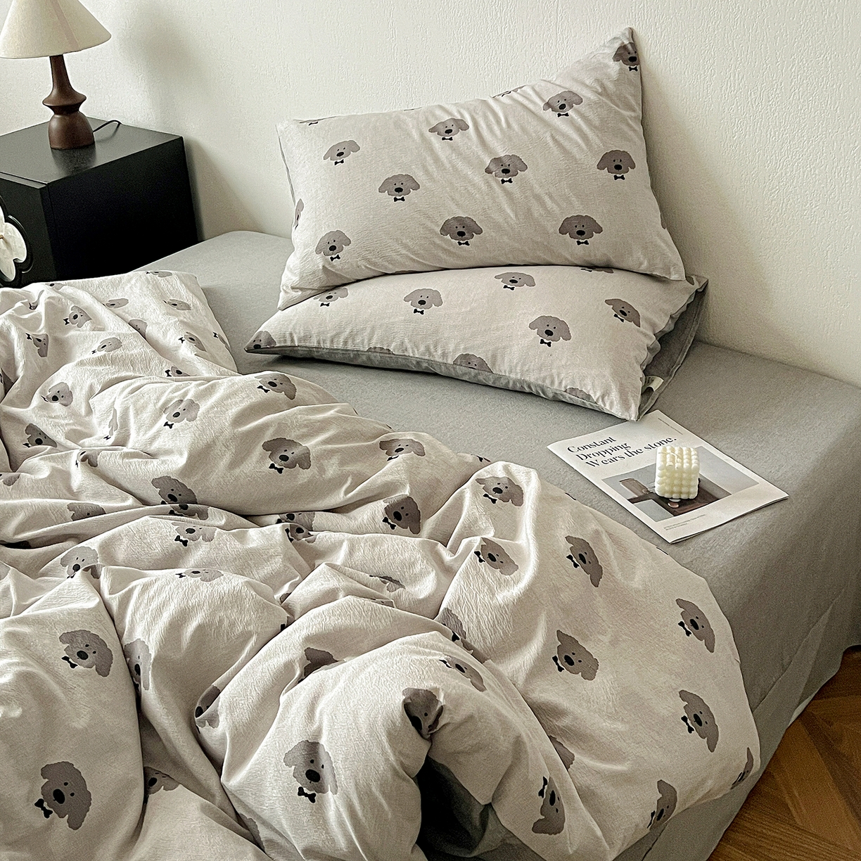 91家纺网 家纺一手货源 找家纺 一比一家纺 2026春季新款高克重加厚色织提花系列四件套 萌萌狗