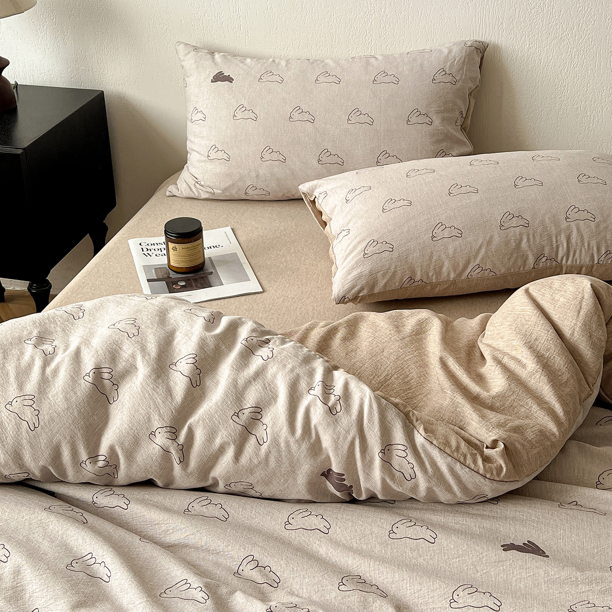 91家纺网 家纺一手货源 找家纺 一比一家纺 2026春季新款高克重加厚色织提花系列四件套 蘑菇兔-咖