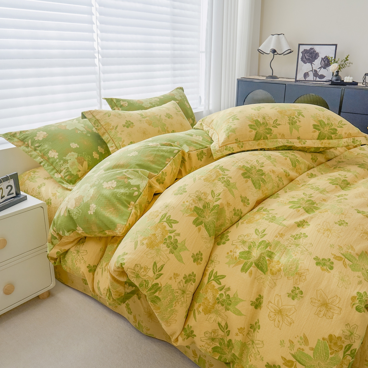 恋之语 2026新款双层纱原麻复古风四件套 晴野百合-绿