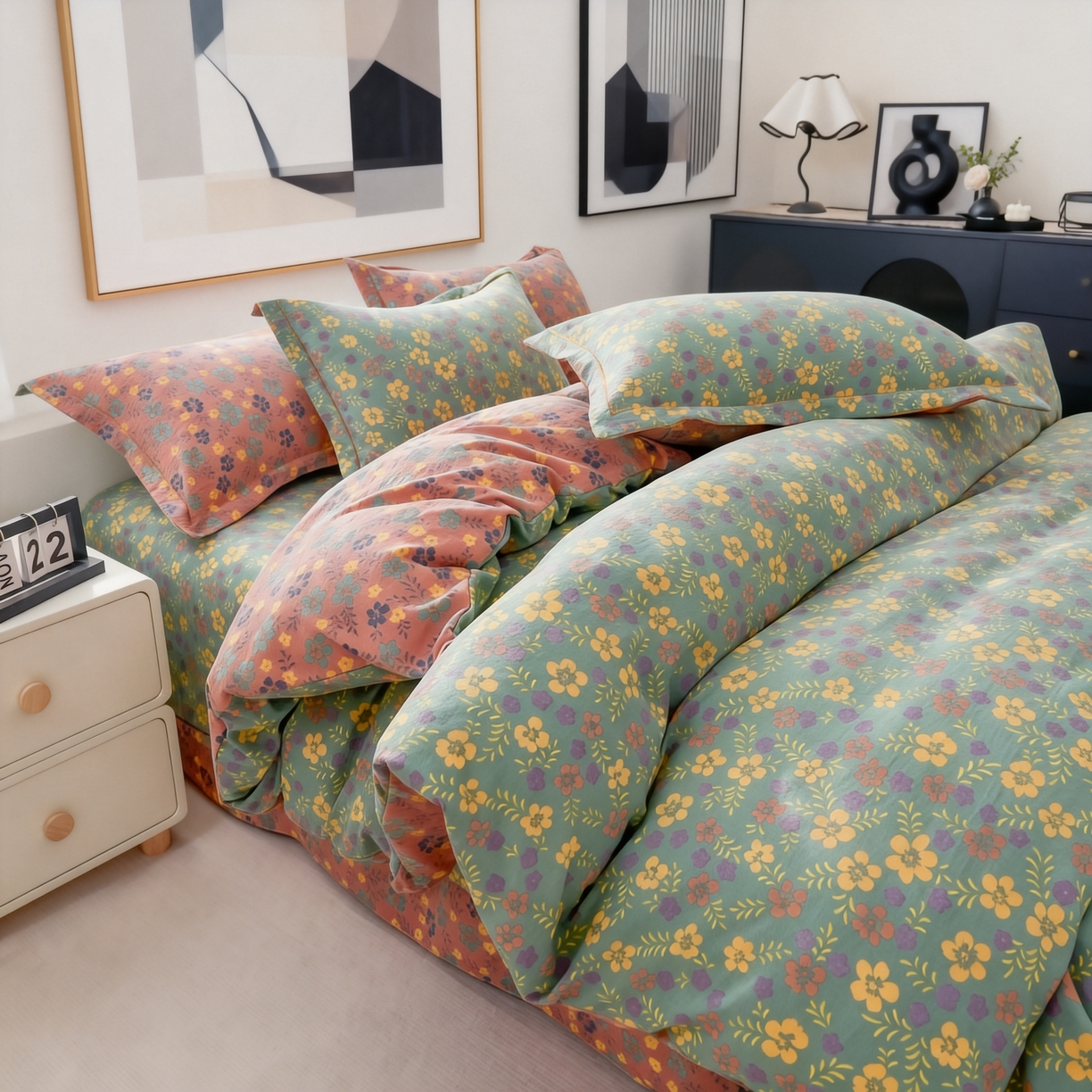 91家纺网 家纺一手货源 找家纺 恋之语 2026新款双层纱原麻复古风四件套 野棠晚风