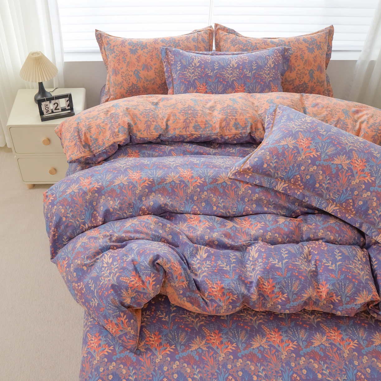 91家纺网 家纺一手货源 找家纺 恋之语 2026新款双层纱原麻复古风四件套 暖紫花影