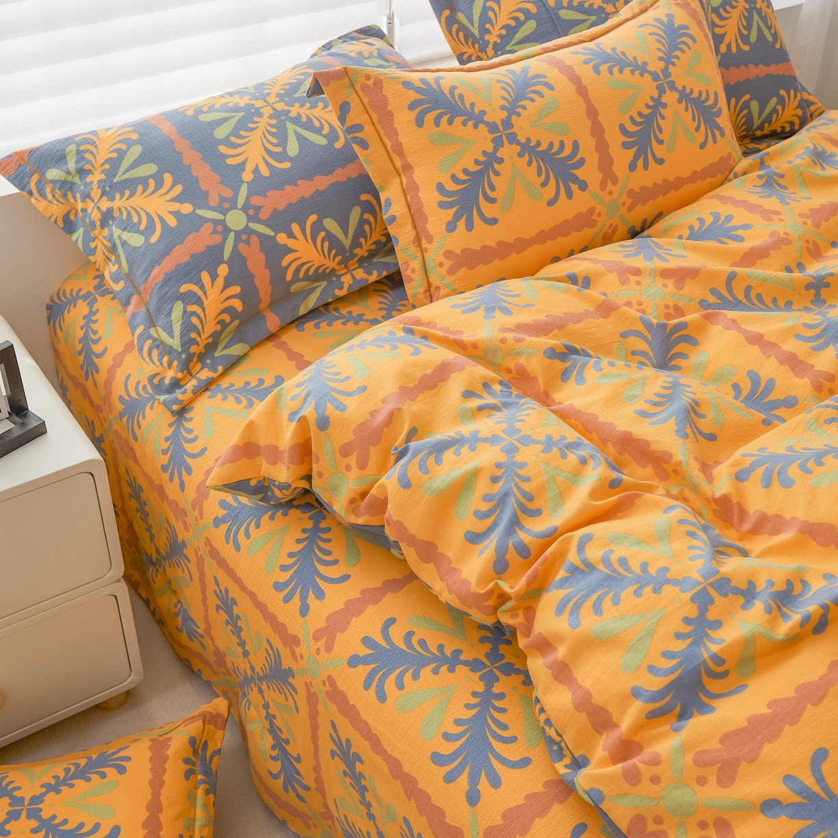 91家纺网 家纺一手货源 找家纺 恋之语 2026新款双层纱原麻复古风四件套 暖橙叶语