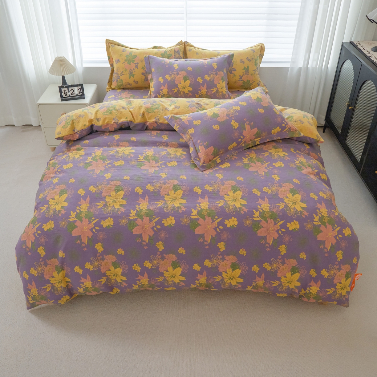 91家纺网 家纺一手货源 找家纺 恋之语 2026新款双层纱原麻复古风四件套 晴野百合-紫