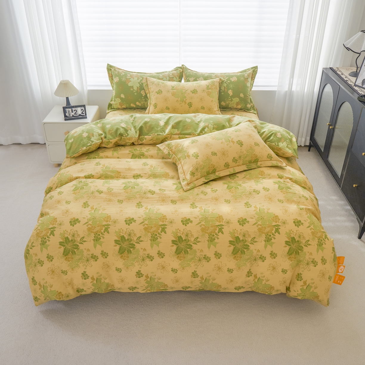 91家纺网 家纺一手货源 找家纺 恋之语 2026新款双层纱原麻复古风四件套 晴野百合-绿