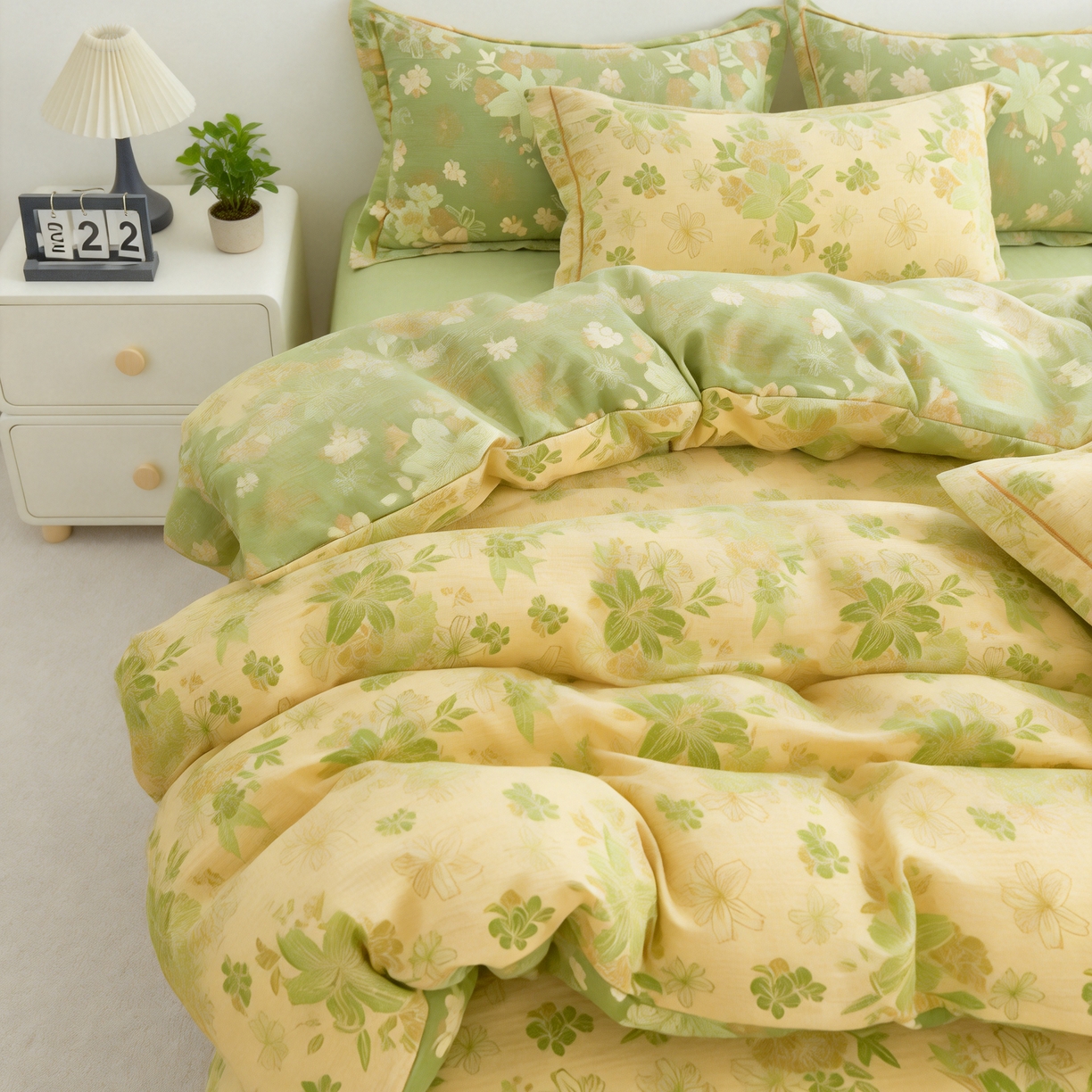 91家纺网 家纺一手货源 找家纺 恋之语 2026新款双层纱原麻复古风四件套 晴野百合-绿