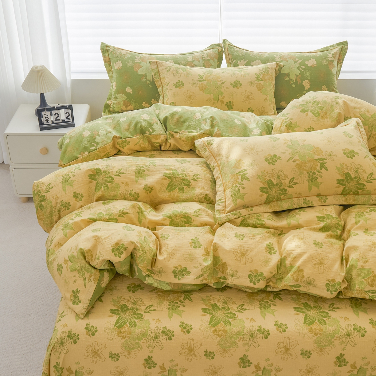 91家纺网 家纺一手货源 找家纺 恋之语 2026新款双层纱原麻复古风四件套 晴野百合-绿