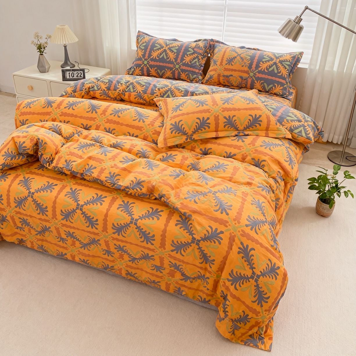 91家纺网 家纺一手货源 找家纺 恋之语 2026新款双层纱原麻复古风四件套 暖橙叶语