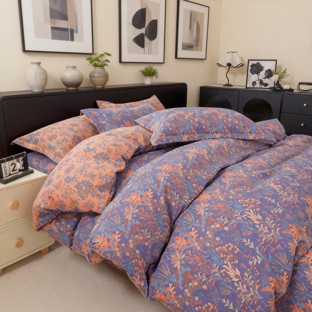 91家纺网 家纺一手货源 找家纺 恋之语 2026新款双层纱原麻复古风四件套 暖紫花影