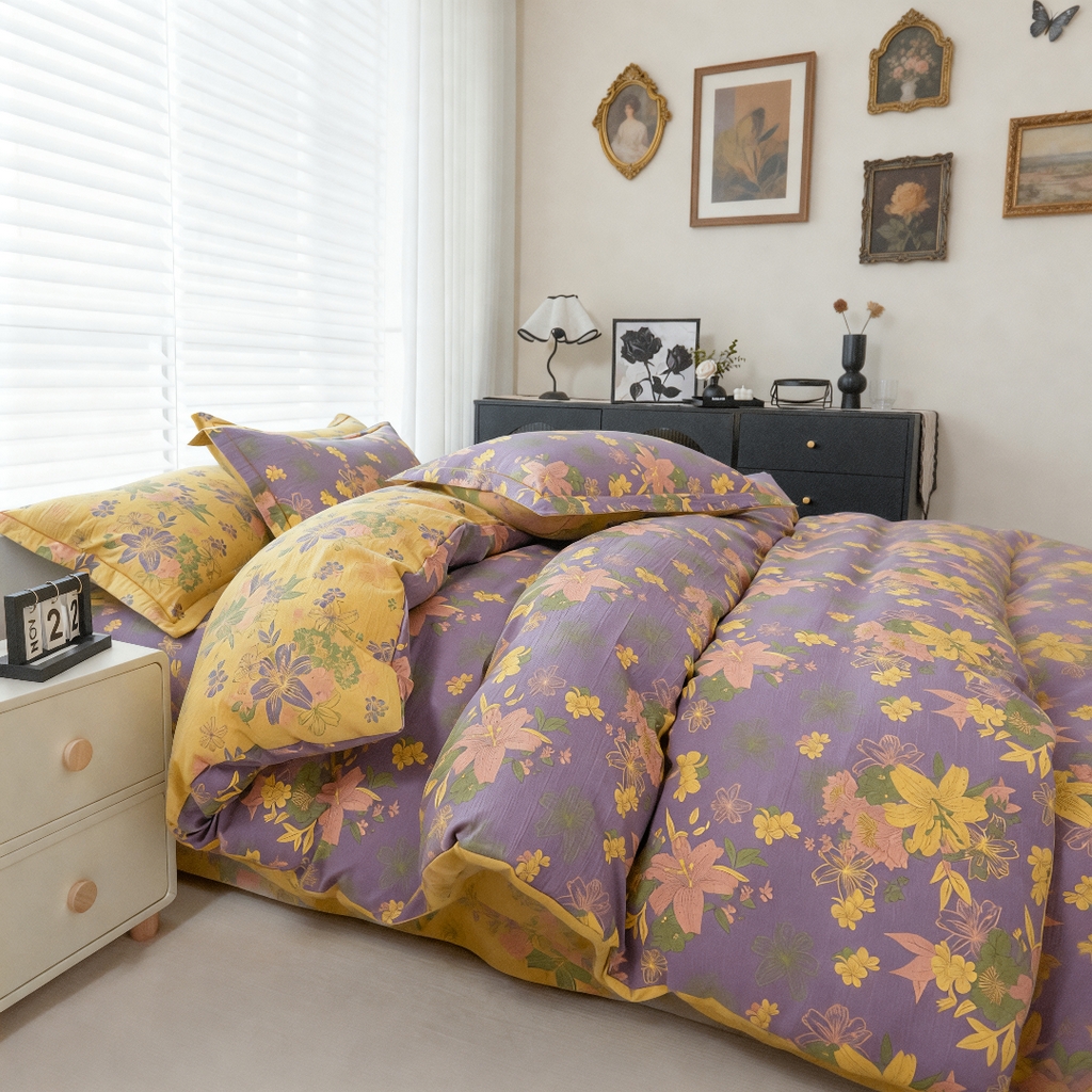 91家纺网 家纺一手货源 找家纺 恋之语 2026新款双层纱原麻复古风四件套 晴野百合-紫