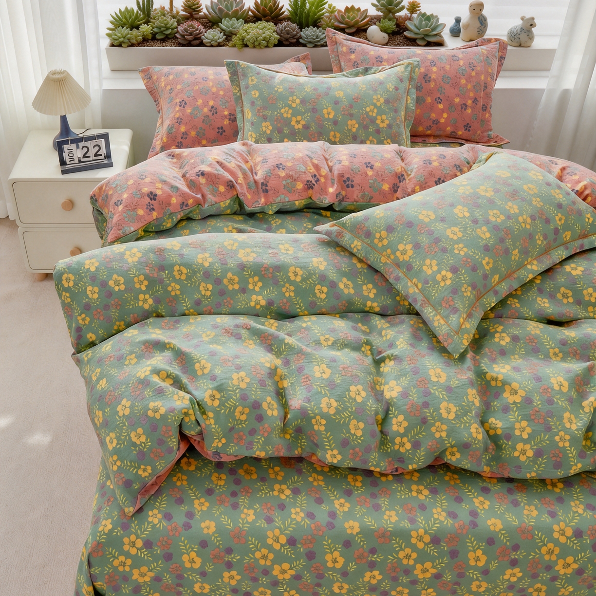 91家纺网 家纺一手货源 找家纺 恋之语 2026新款双层纱原麻复古风四件套 野棠晚风