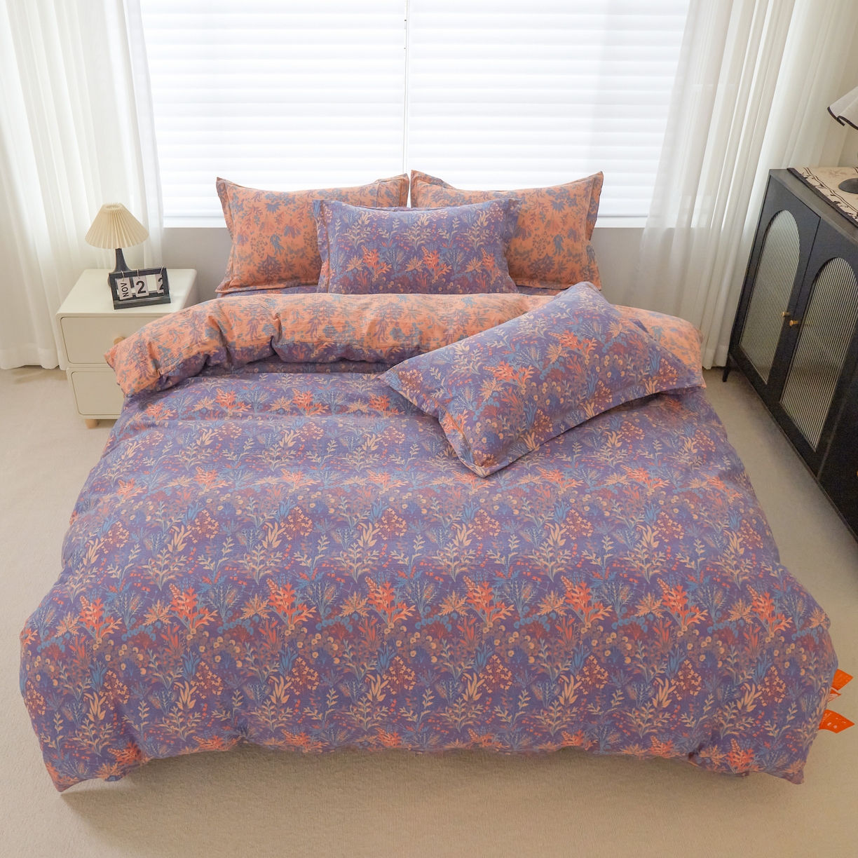 91家纺网 家纺一手货源 找家纺 恋之语 2026新款双层纱原麻复古风四件套 暖紫花影