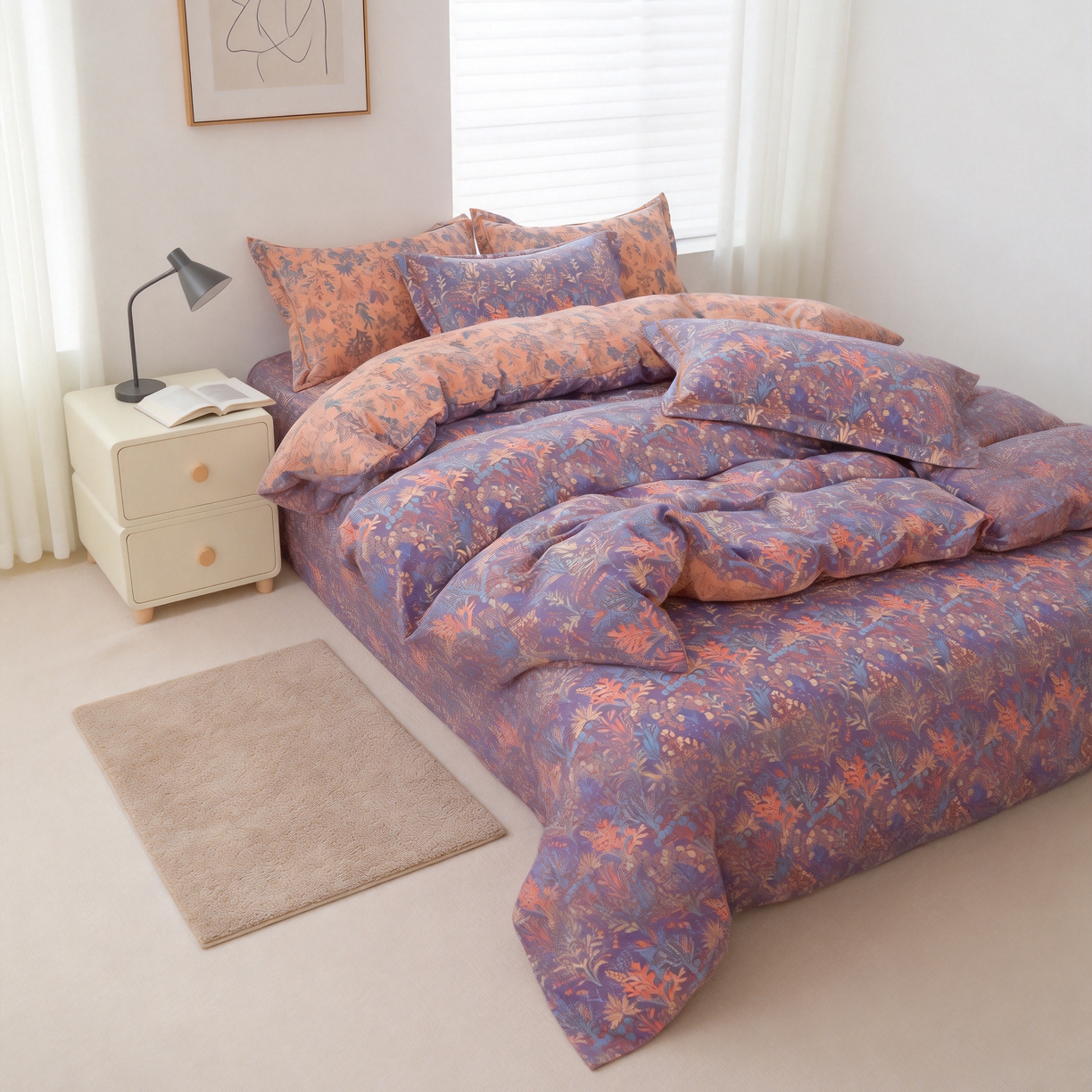 91家纺网 家纺一手货源 找家纺 恋之语 2026新款双层纱原麻复古风四件套 暖紫花影