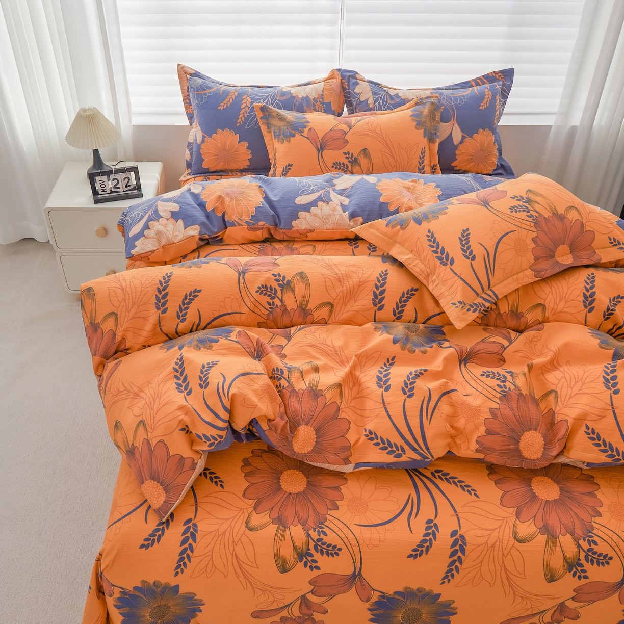 91家纺网 家纺一手货源 找家纺 恋之语 2026新款双层纱原麻复古风四件套 焦糖花事