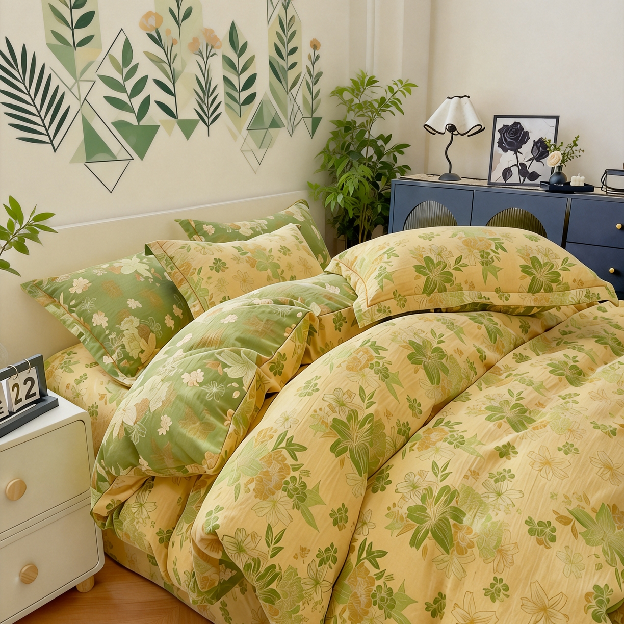 91家纺网 家纺一手货源 找家纺 恋之语 2026新款双层纱原麻复古风四件套 晴野百合-绿