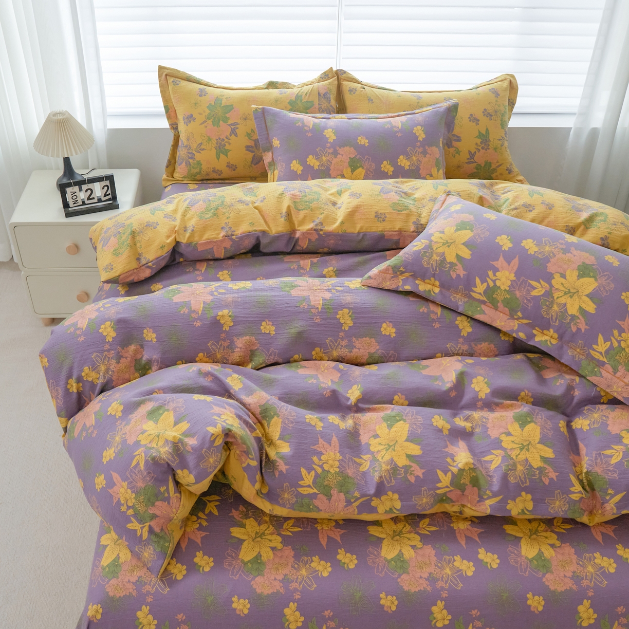 91家纺网 家纺一手货源 找家纺 恋之语 2026新款双层纱原麻复古风四件套 晴野百合-紫