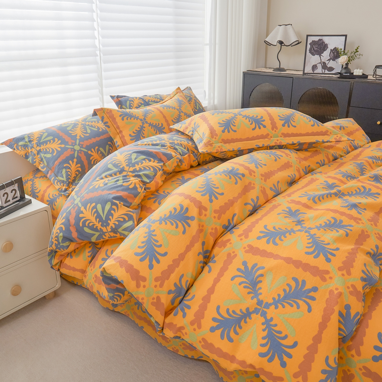 91家纺网 家纺一手货源 找家纺 恋之语 2026新款双层纱原麻复古风四件套 暖橙叶语