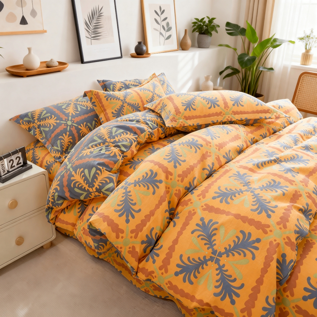 恋之语 2026新款双层纱原麻复古风四件套 暖橙叶语