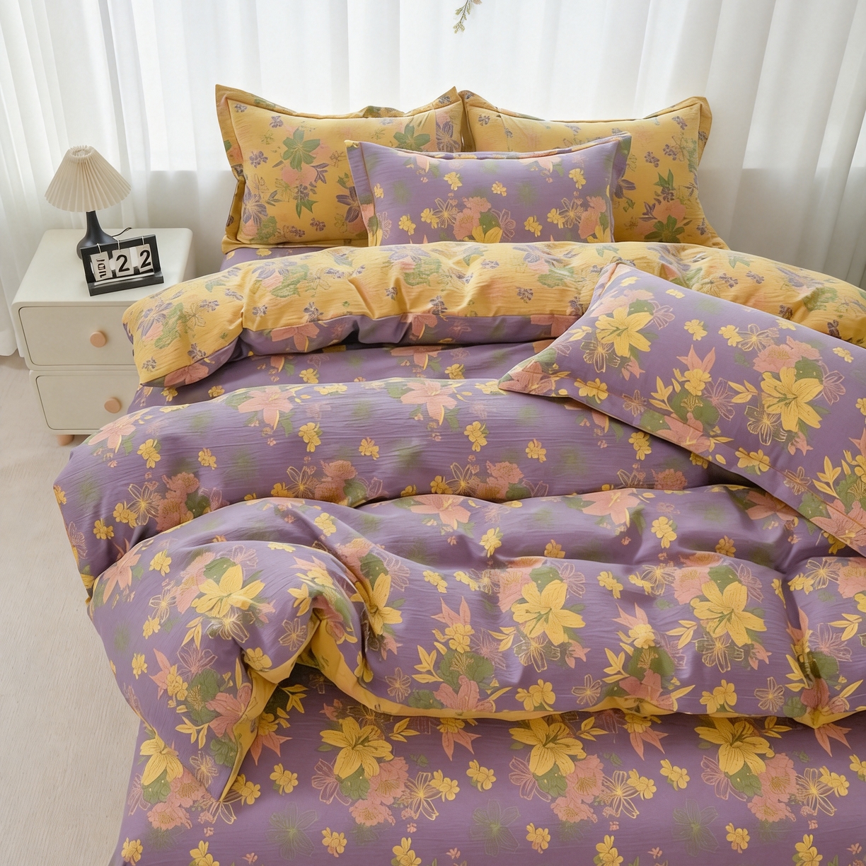 91家纺网 家纺一手货源 找家纺 恋之语 2026新款双层纱原麻复古风四件套 晴野百合-紫