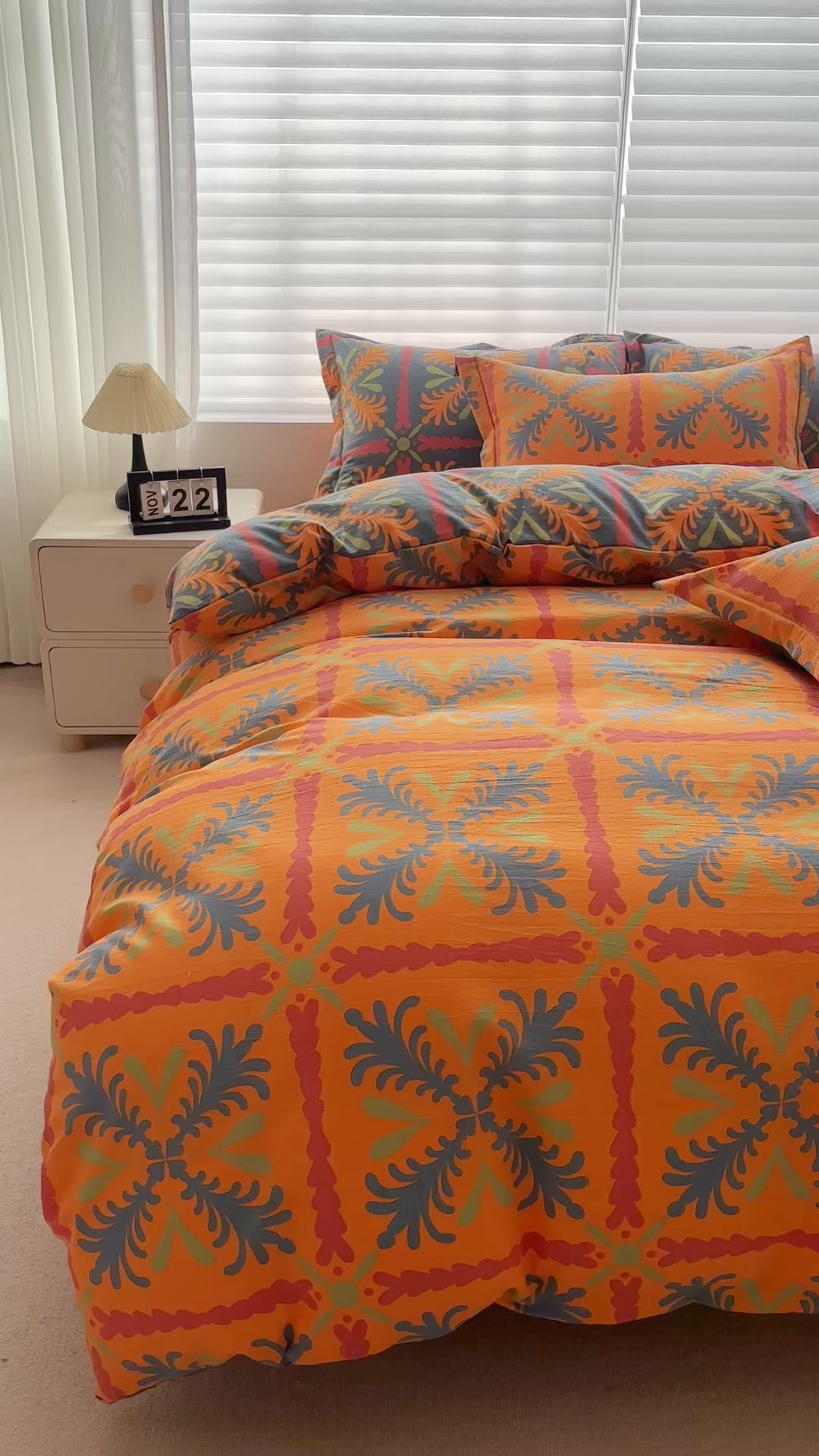 91家纺网 家纺一手货源 找家纺 恋之语 2026新款双层纱原麻复古风四件套 暖橙叶语