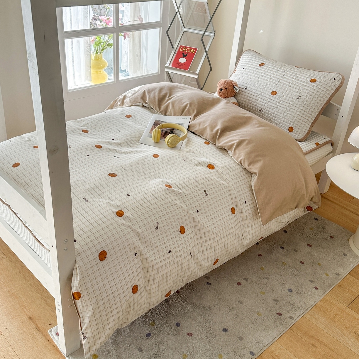 91家纺网 家纺一手货源 找家纺 凌云家纺 2026新款学生宿舍全棉床盖三件套 南瓜可可