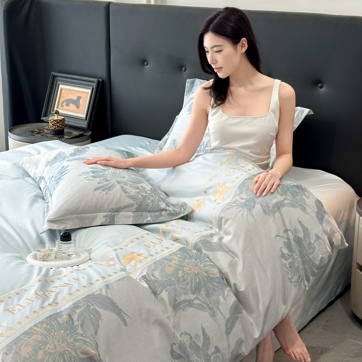 91家纺网 家纺一手货源 找家纺 （总）宇航家纺 2026春夏新款简约全棉纯棉拼接60s色织提花绣花四件套