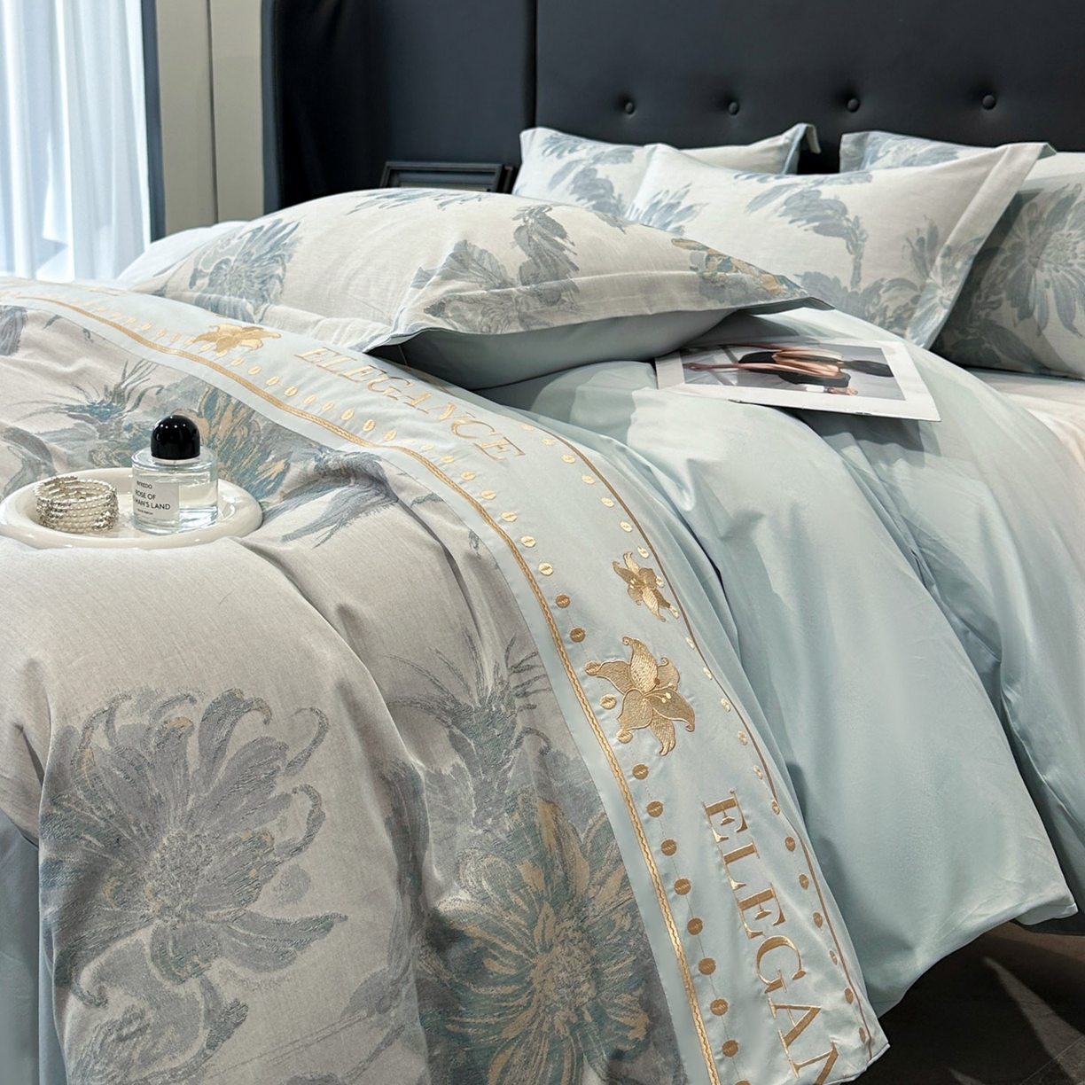 91家纺网 家纺一手货源 找家纺 （总）宇航家纺 2026春夏新款简约全棉纯棉拼接60s色织提花绣花四件套