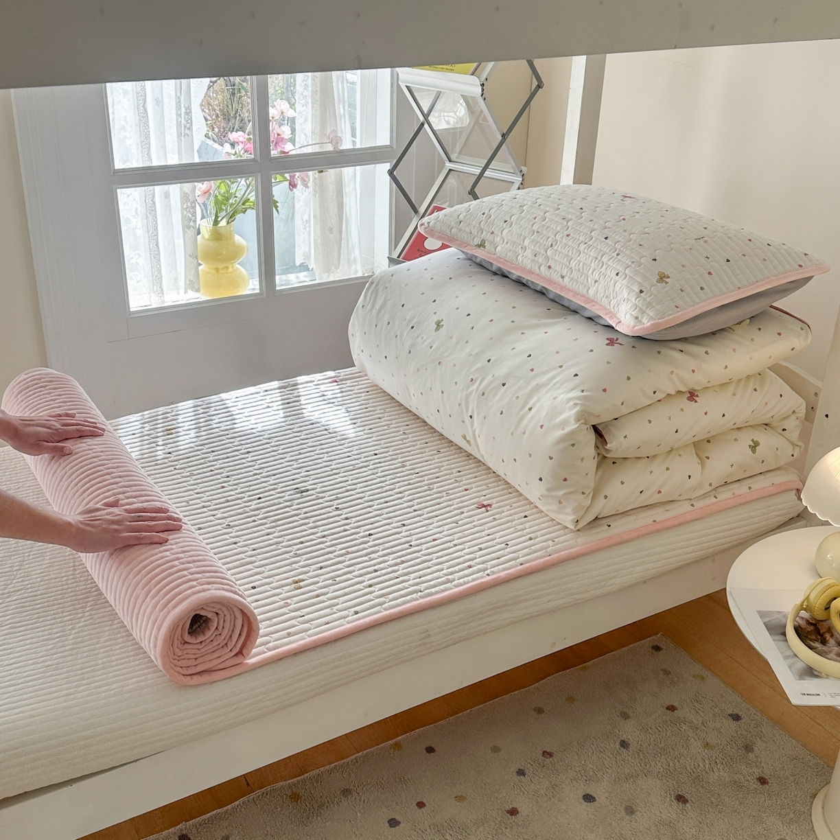 91家纺网 家纺一手货源 找家纺 凌云家纺 2026新款学生宿舍全棉床盖三件套 怦然心动