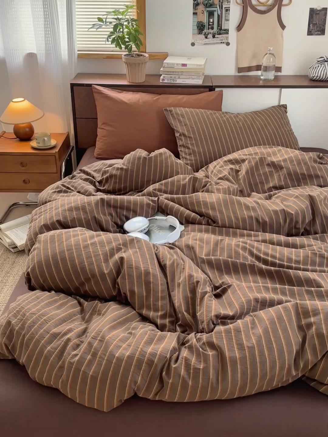 91家纺网 家纺一手货源 找家纺 例外 2026新款全棉纯棉色织水洗棉四件套-达尔文条纹 达尔文藏蓝底【枕套咸菜绿1条纹1】