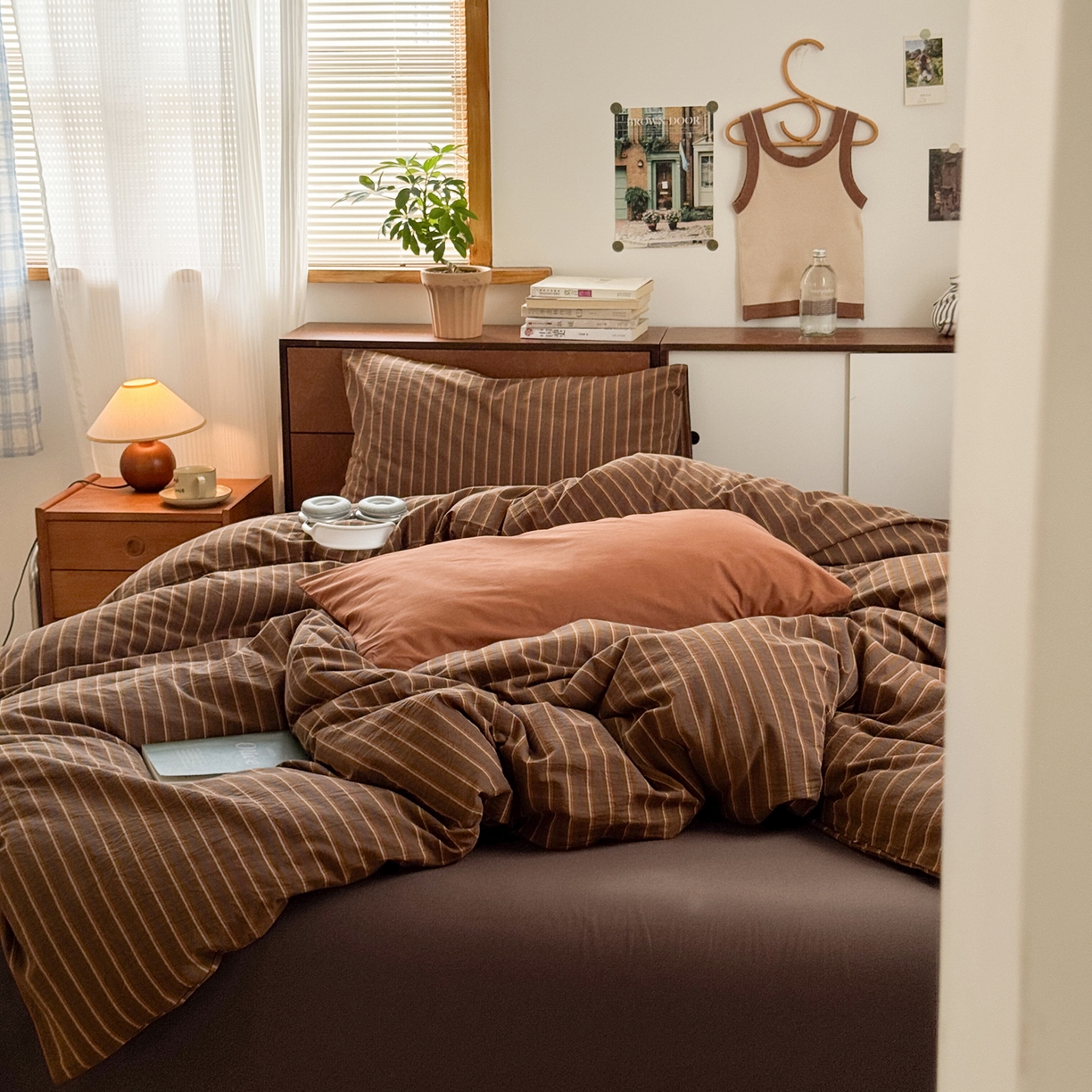 91家纺网 家纺一手货源 找家纺 例外 2026新款全棉纯棉色织水洗棉四件套-达尔文条纹 达尔文咖底【枕套班尼咖1条纹1】