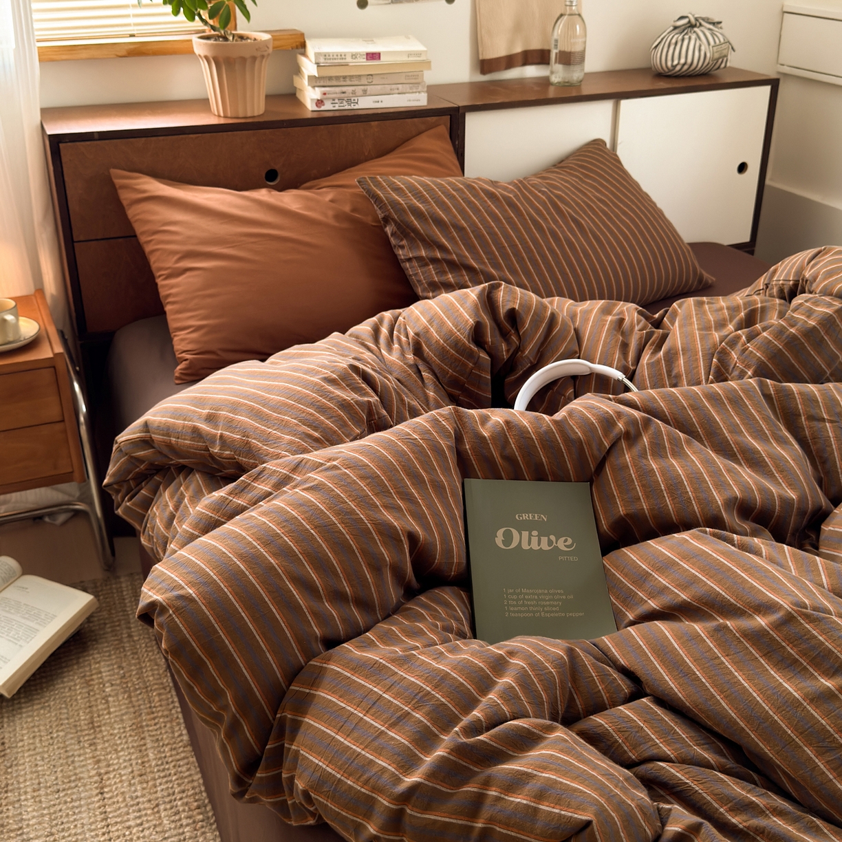 91家纺网 家纺一手货源 找家纺 例外 2026新款全棉纯棉色织水洗棉四件套-达尔文条纹 达尔文咖底【枕套班尼咖1条纹1】