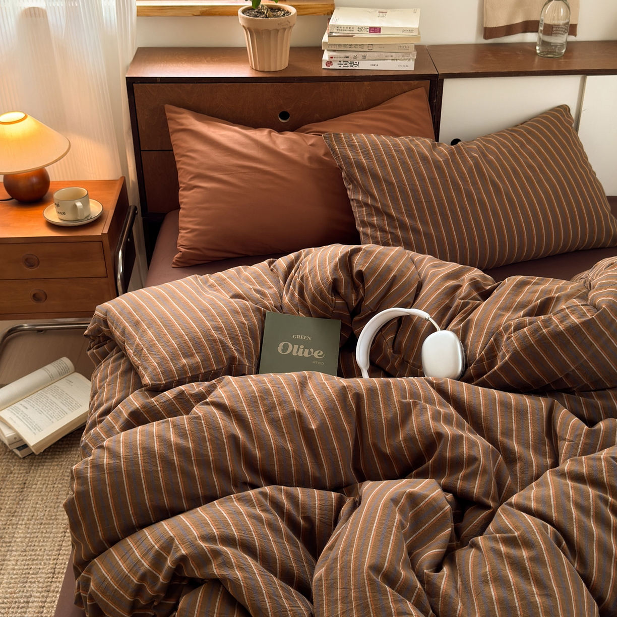 91家纺网 家纺一手货源 找家纺 例外 2026新款全棉纯棉色织水洗棉四件套-达尔文条纹 达尔文咖底【枕套班尼咖1条纹1】