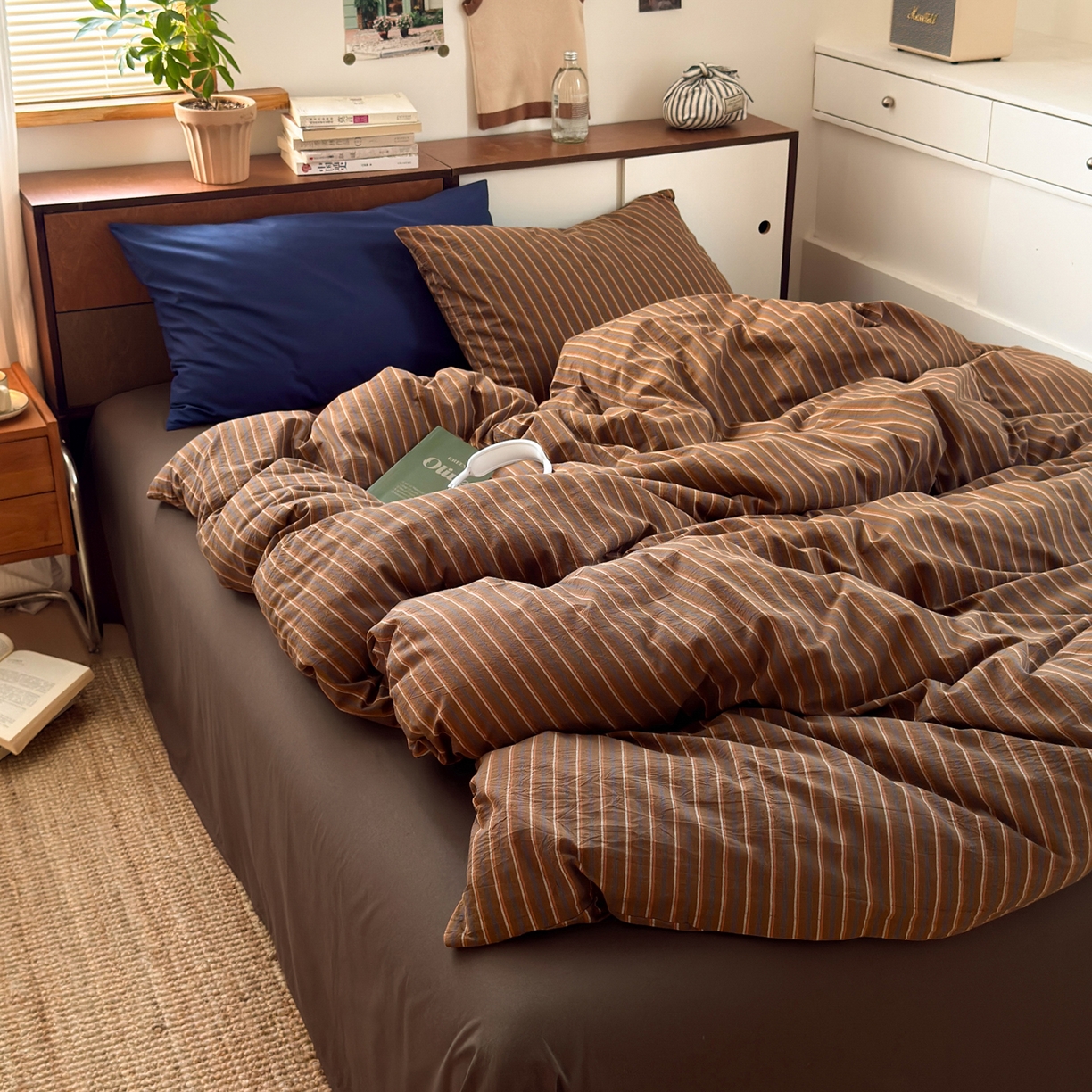 例外 2026新款全棉纯棉色织水洗棉四件套-达尔文条纹 达尔文咖底【枕套藏蓝1条纹1】