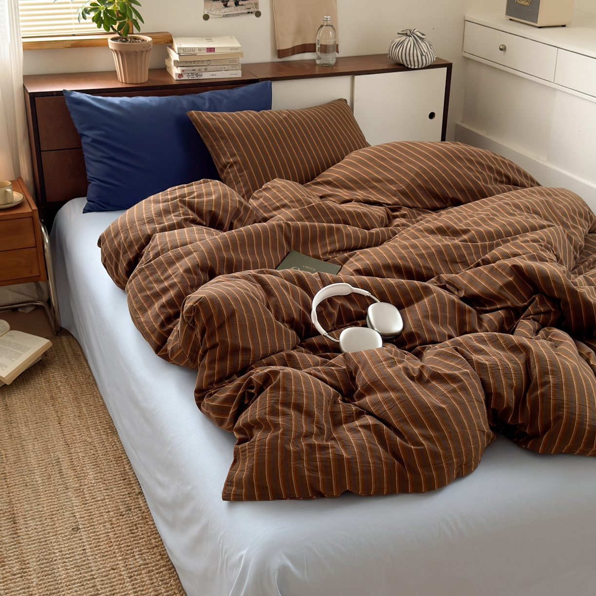 例外 2026新款全棉纯棉色织水洗棉四件套-达尔文条纹 达尔文天蓝底【枕套藏蓝1条纹1】