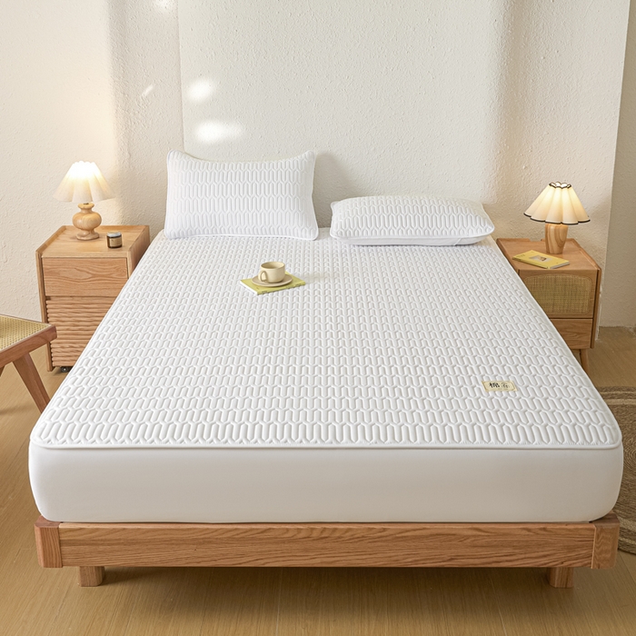 91家纺网 家纺一手货源 找家纺 女子家纺 2026新款新款A类新疆棉花夹棉防水单品床笠 小竹纹-本白